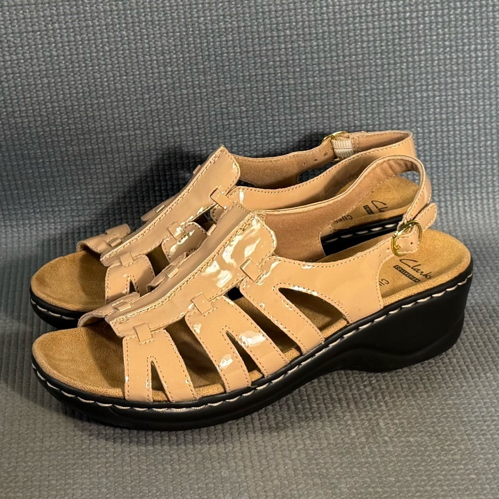 Clarks Nude Patent Leather Slingback Sandals